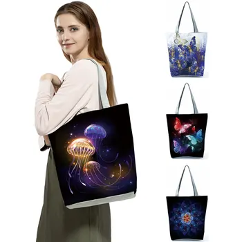 Яркие женские сумки с принтом, повседневная сумка через плечо, сумки-тоут с бабочкой и медузой, складные Эко-сумки многоразового использования, большие хозяйственные сумки