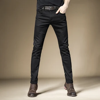 Черные джинсы Мужские Повседневные стрейчевые облегающие брюки в Корейском стиле, однотонные прямые джинсовые брюки