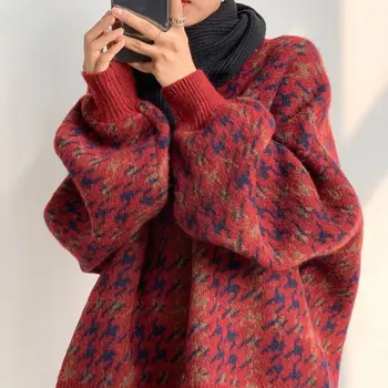 Осень-зима, Корейские свободные свитера в клетку, женская одежда, модные повседневные вязаные пуловеры с полувысоким воротником для женщин