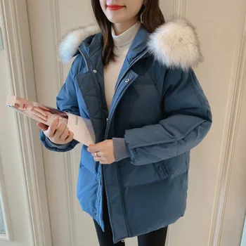 Женская куртка, Новая Корейская свободная куртка с хлопковой подкладкой, Утолщенная теплая куртка, модное зимнее пальто с капюшоном и воротником из искусственного меха 2023 года выпуска