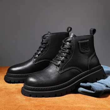 Мужские зимние ботинки Удобная мужская хлопчатобумажная обувь из натуральной кожи на шнуровке, модные повседневные мужские ботильоны с плюшевым теплым мехом