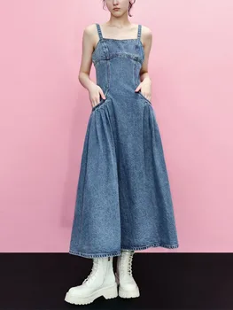 Летняя женская одежда 2023 Ретро Sweet Street Ruili Темперамент Стройное Повседневное Модное Плиссированное выстиранное джинсовое платье Королевского синего цвета