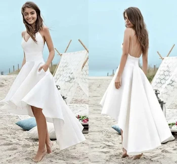 Пляжные Белые Свадебные Платья Hi Low Спереди Короткие Длинные Сзади С Открытой Спиной Простое Атласное Летнее Платье Невесты Vestido De Novia Robe De Mariee