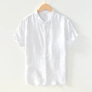 L1002 100% Льняная Белая Рубашка Мужская В Китайском Стиле Летняя Мода С Коротким Рукавом На Однобортных Пуговицах Простые Приталенные Блузки Топы