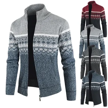 Новый осенне-зимний мужской свитер с длинным рукавом, вязаный кардиган, куртка со стоячим воротником, топы, теплая цветовая блокировка для отдыха