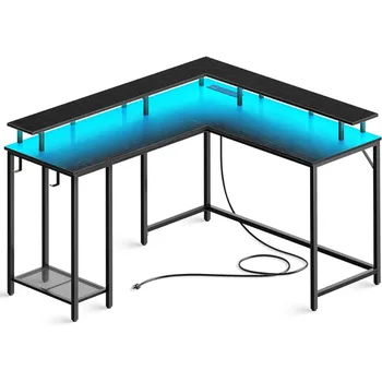 L-образный игровой стол со светодиодной подсветкой, подставка для монитора, Полка для хранения, Компьютерные столы с крючками, черный