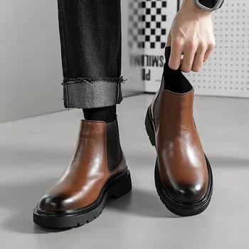 Новые Дизайнерские мужские ботинки из натуральной кожи, Мужская обувь с высоким берцем в Британском стиле, Бархатные Теплые ботинки, Мужские деловые Короткие ботинки