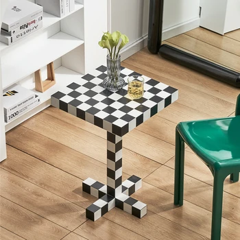 Шахматная тарелка Сетка Маленький квадратный столик Шахматный чайный столик Черно-белый столик Приставной столик Креативный угловой столик