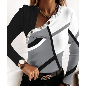 Женская футболка, Весенний Модный Пуловер на пуговицах с принтом, Женская Повседневная тонкая футболка с длинным рукавом и V-образным вырезом