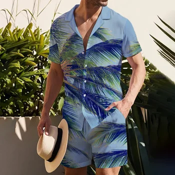 летний новый мужской гавайский костюм 2023 с рисунком листьев и 3D принтом, мужской молодежный повседневный трендовый гавайский костюм-рубашка