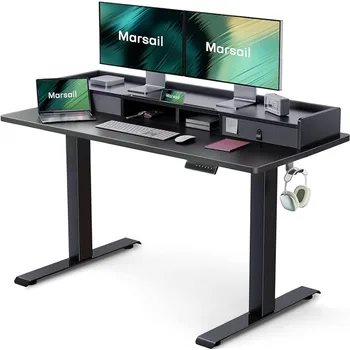 Регулируемый письменный стол с полкой для хранения, Письменный стол-подставка с 4 предустановками памяти, 2 крючка, Письменный стол-подставка для домашнего офиса, черный