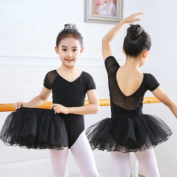 Летнее детское танцевальное платье с разрезом, черные сетчатые юбки из тюля, танцевальный костюм для выступлений, балерина, балетная одежда для девочек с коротким рукавом