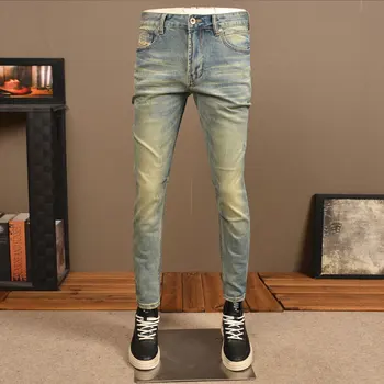 Модные мужские джинсы в итальянском стиле, высококачественные выстиранные синие стрейчевые рваные джинсы, мужские винтажные дизайнерские джинсовые брюки