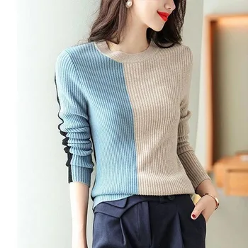 Новый модный осенне-зимний высококачественный круглый вырез, подходящий по цвету, Приталенный Универсальный вязаный свитер с длинными рукавами