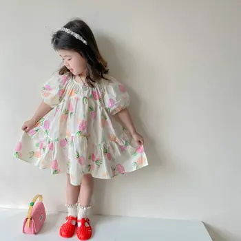 Летнее повседневное платье принцессы-ананаса с короткими рукавами Sweet Puff для малышей и девочек, прекрасная одежда для школьников 2-8 лет