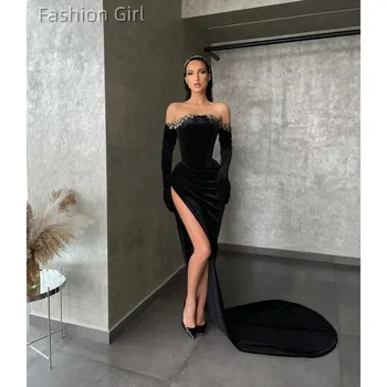 Элегантное Сексуальное Черное вечернее платье без бретелек с разрезом по бокам и аппликацией со шлейфом, элегантное роскошное платье для особых случаев, Vestido 2023
