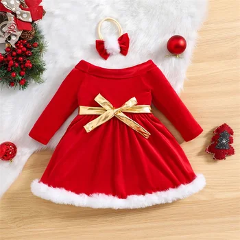 Одежда Для малышей, рождественское платье для девочек, бархатное платье с длинными рукавами с открытыми плечами и повязкой на голову, детское праздничное платье
