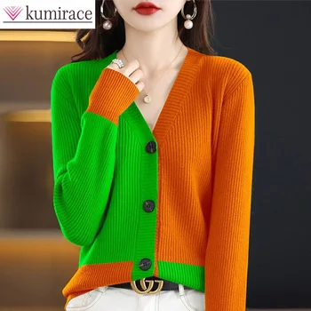 2023 Новая корейская версия кардигана, женский свитер с V-образным вырезом, подходящего цвета, Свободная вязка, женская верхняя одежда с длинными рукавами для женщин