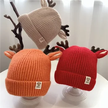 Осенне-зимняя вязаная детская шапочка, Милая толстая теплая шапка с ушками Оленя, Однотонная шапочка для защиты ушей для девочек и мальчиков, Рождественский подарок