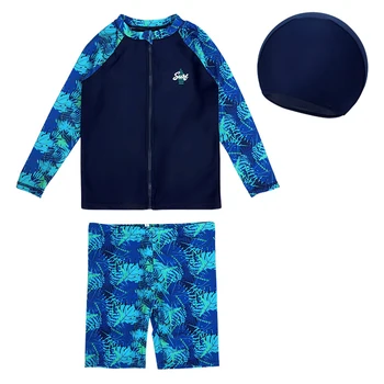 Детский купальник для мальчиков, купальники с длинным рукавом, топ на молнии с принтом листьев, Шорты и шапочка, купальный костюм UPF50 + Набор для защиты от сыпи от солнца