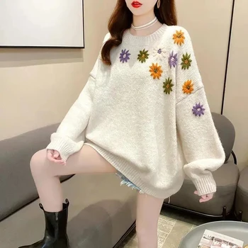 Женский эстетичный свитер Осень-весна, корейская милая вышивка, Винтажный Цветочный свитер с круглым вырезом и сложным процессом для девочек Mori Girl