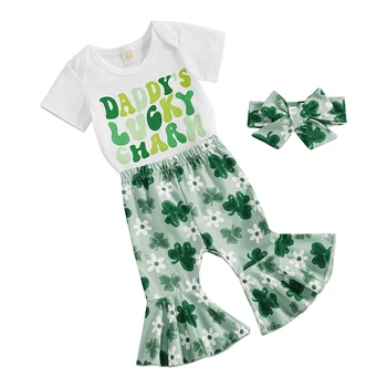 Наряд для новорожденной девочки на День Святого Патрика - комбинезон Miss Lucky Charm, боди, Зеленые расклешенные брюки