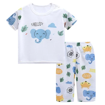 Комплект из 2 предметов, Летняя Детская одежда для мальчиков и девочек, Корейские повседневные мультяшные Милые топы с коротким рукавом для малышей + Свободные брюки, Детская одежда BC706