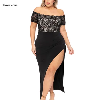 Сексуальное женское платье большого размера с открытыми плечами 2023, с вырезом лодочкой, с высоким разрезом, кружевные Сетчатые облегающие платья для вечеринок, одежда больших размеров