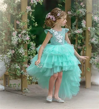 Зеленое платье с цветочным узором для девочек, Многослойный Пышный тюль, Асимметричная длина, Свадебное Платье с милым маленьким цветочком, часть первого бала для причастия