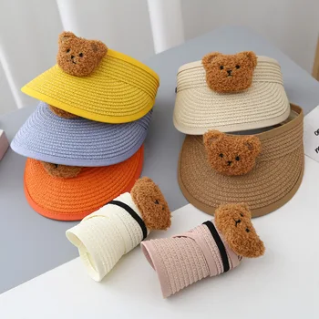 Детская летняя шляпа, соломенная кепка с козырьком, тканая солнцезащитная пляжная шляпа с медведем, солнцезащитные шляпы для маленьких девочек, пляжные кепки для новорожденных мальчиков
