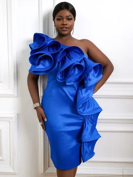Женское блестящее синее вечернее платье на одно плечо с оборками, облегающее, длиной до колен, облегающее, для празднования торжества, летние коктейльные платья