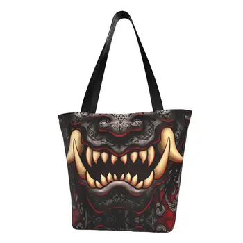 Утилизирующая Готическая хозяйственная сумка Oni Hannya, женская холщовая сумка-тоут, портативные сумки для покупок в японском стиле Samurai Demon, сумки для бакалеи, сумки для покупок