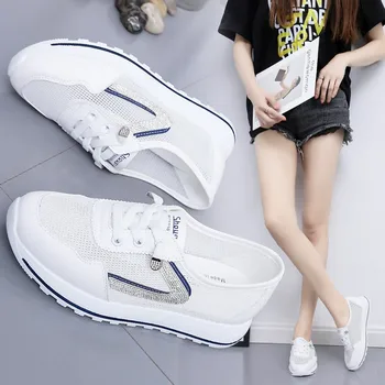 Летом 2023 года Новая универсальная белая женская обувь, спортивная, повседневная, популярная Весенне-осенняя обувь из плоской сетки, дышащие кроссовки