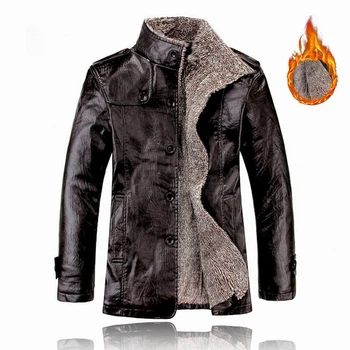 Мужское зимнее теплое пальто из искусственной кожи в стиле ретро, тренч на меховой подкладке, верхняя одежда, куртка на молнии с лацканами, Moto, Черный, Хаки, Красный, коричневый