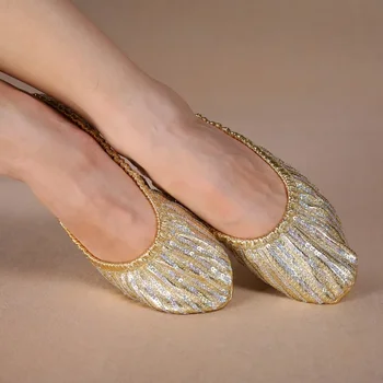 Прямые золотые тренировочные туфли, Новая профессиональная обувь для взрослых женщин для танца живота, тапочки на плоской подошве из кожи балерины