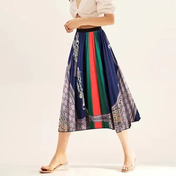 Модные юбки с принтом на весну-лето, женская плиссированная юбка средней длины с эластичным поясом, юбка-трапеция
