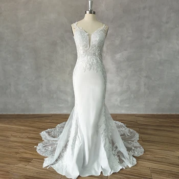 DIDEYTTAWL, реальное изображение, Элегантное свадебное платье Русалки без рукавов с V-образным вырезом, аппликации, Придворный шлейф, свадебное платье с открытой спиной