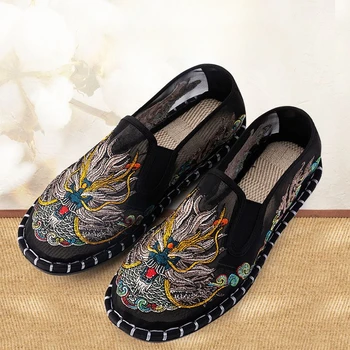 Мужские повседневные парусиновые туфли с вышитыми цветами в этническом стиле, тканевые туфли Old Beijing, мужские прогулочные туфли на плоской подошве в китайском стиле