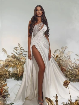 Простые свадебные платья с блестками, сексуальный разрез сбоку, складка на одном плече, атласный шлейф, официальное свадебное платье для новобрачных
