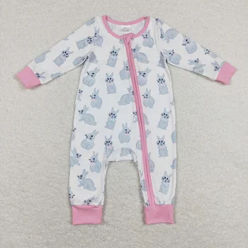 Оптовая продажа Пасхальный комбинезон с длинными рукавами для маленьких девочек с кроликом для малышей, цельный комбинезон на молнии для новорожденных, одежда