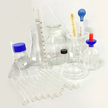 Экспериментальный набор: коническая колба, соломинка с резиновым наконечником, мензурка, мерный цилиндр, пробирка, химическое стеклянное оборудование, один комплект.