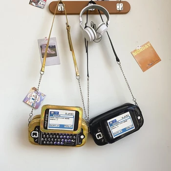 Женская сумка через плечо в форме мобильного телефона с рисунком клавиатуры, женская мультяшная сумка-мессенджер, блестящий кошелек
