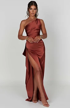 Атласное платье-футляр на одно плечо, женское вечернее платье с высоким разрезом, женское вечернее платье в складку длиной до пола, женские вечерние платья