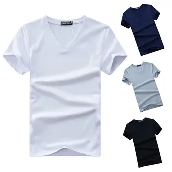 Мужская футболка с V-образным вырезом, Мягкая дышащая мужская футболка с V-образным вырезом, топ в простом стиле для лета, Однотонный пуловер средней длины, Однотонный