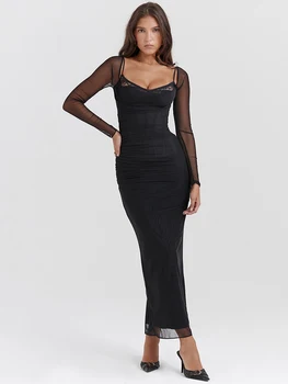 Mozision Элегантное прозрачное облегающее макси-платье с длинным рукавом для женщин, модное сетчатое черное сексуальное платье для клубной вечеринки без бретелек с открытой спиной
