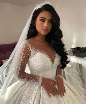 Роскошное Арабское свадебное платье в Дубае 2024 года, V-образный вырез, расшитый бисером Кристалл, Длинный рукав, Атласное Пышное свадебное платье в пол, Vestidos De Noiva