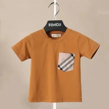 Детские летние футболки, однотонные футболки для мальчиков и девочек, повседневный стиль, простой дизайн в полоску с карманами, короткий рукав, детский хлопковый топ