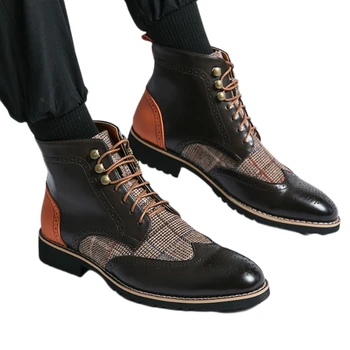 Новые мужские короткие ботинки коричневого цвета на шнуровке, с круглым носком, из флока, в клетку, Винтажные ботинки ручной работы, Размер 38-46