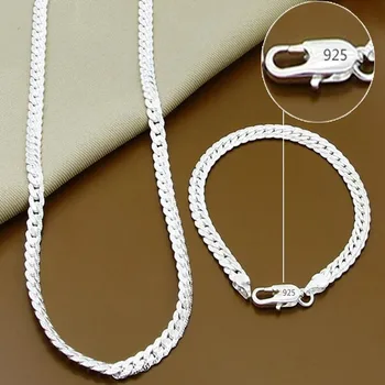 Рождественские подарки из стерлингового серебра 925 пробы Плоская змея 5 мм цепочка ожерелье браслеты мода Для мужчин женские комплекты ювелирных изделий свадьба 20/50 см