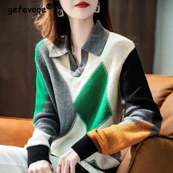 Осенне-зимний свободный повседневный свитер контрастного цвета с круглым вырезом, женский джемпер с длинным рукавом и модным принтом, женский универсальный пуловер